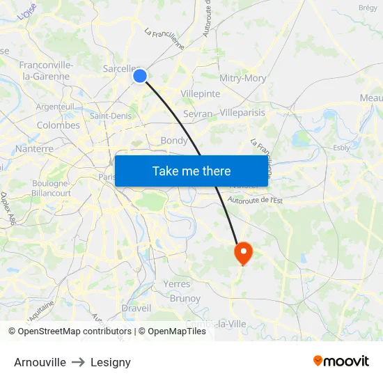 Arnouville to Lesigny map