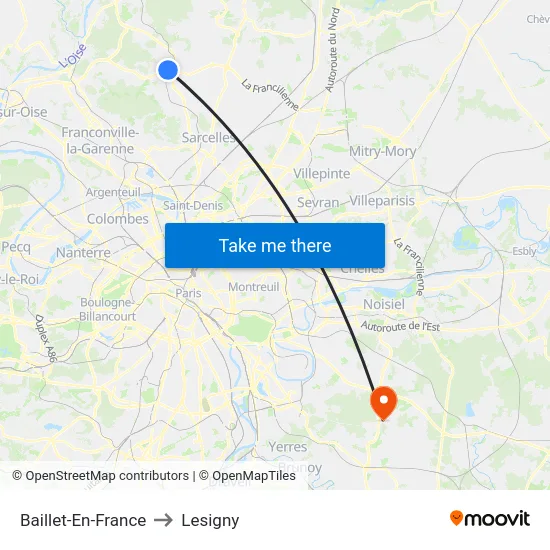 Baillet-En-France to Lesigny map