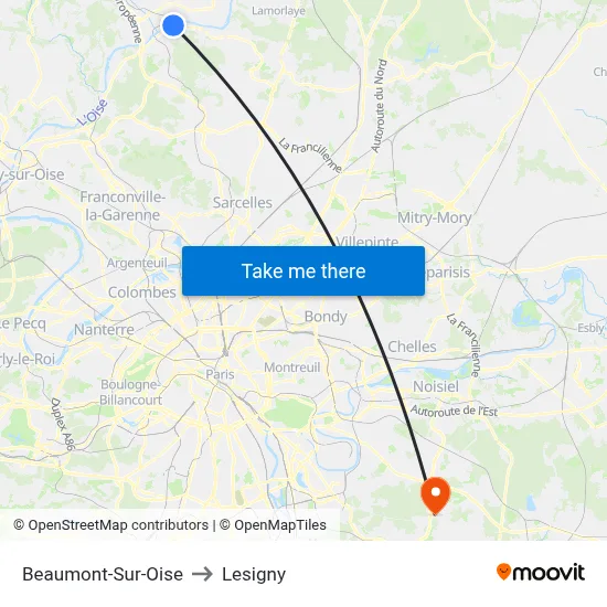 Beaumont-Sur-Oise to Lesigny map