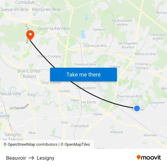 Beauvoir to Lesigny map