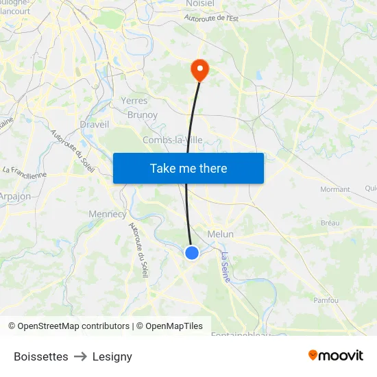 Boissettes to Lesigny map