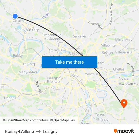 Boissy-L'Aillerie to Lesigny map
