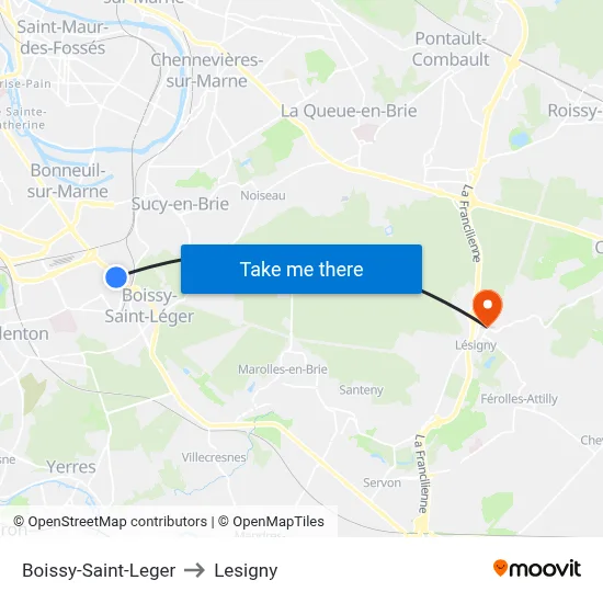 Boissy-Saint-Leger to Lesigny map