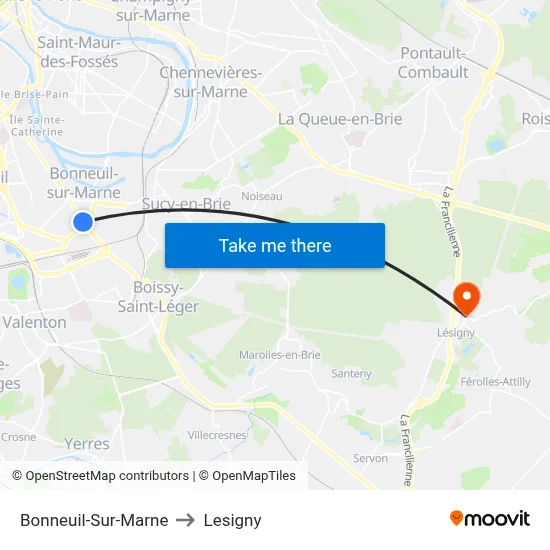 Bonneuil-Sur-Marne to Lesigny map