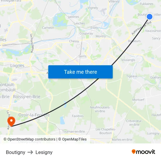 Boutigny to Lesigny map