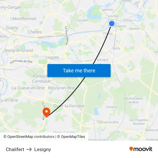 Chalifert to Lesigny map