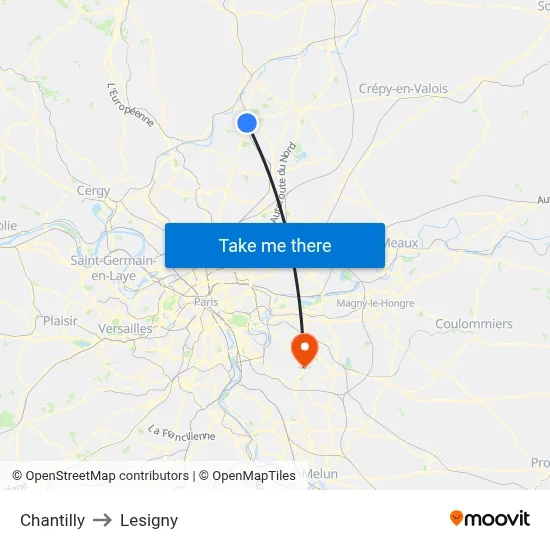 Chantilly to Lesigny map