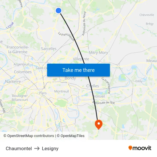 Chaumontel to Lesigny map