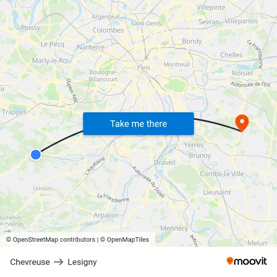 Chevreuse to Lesigny map