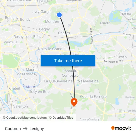 Coubron to Lesigny map