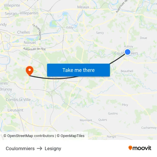 Coulommiers to Lesigny map