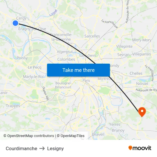 Courdimanche to Lesigny map