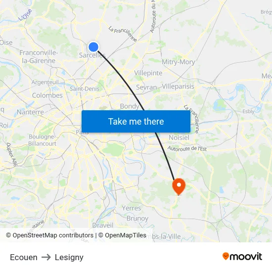 Ecouen to Lesigny map