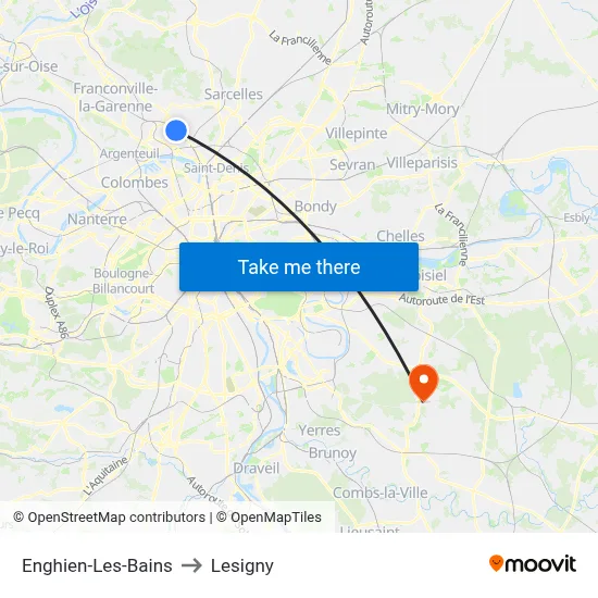 Enghien-Les-Bains to Lesigny map