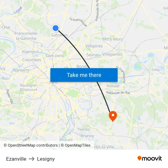 Ezanville to Lesigny map