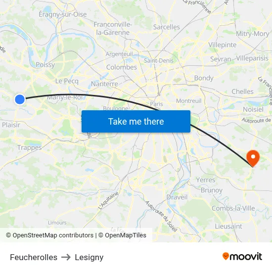 Feucherolles to Lesigny map
