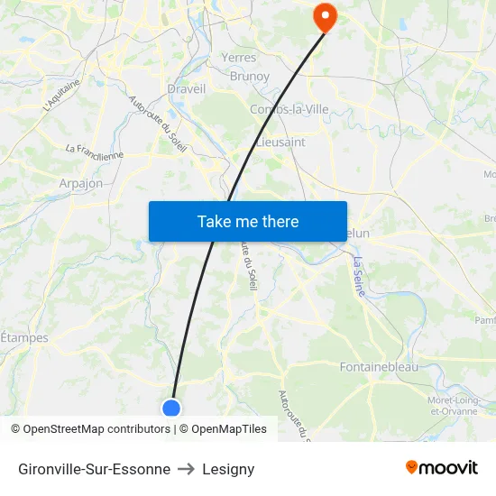 Gironville-Sur-Essonne to Lesigny map