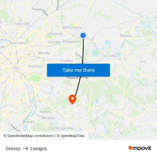 Gressy to Lesigny map