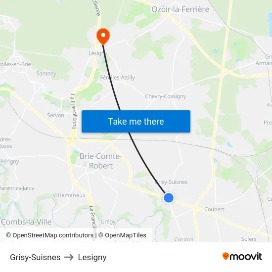 Grisy-Suisnes to Lesigny map