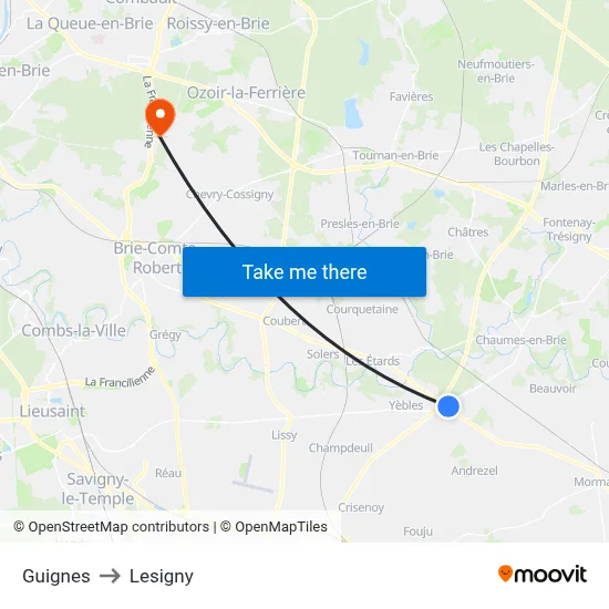 Guignes to Lesigny map