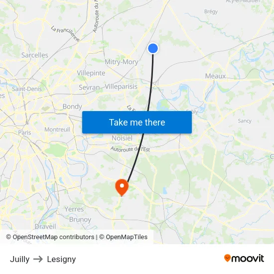 Juilly to Lesigny map