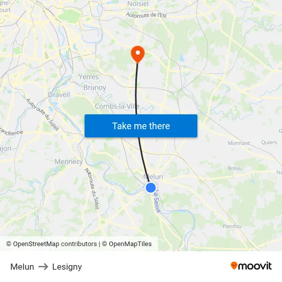 Melun to Lesigny map