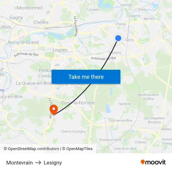 Montevrain to Lesigny map