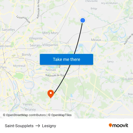 Saint-Soupplets to Lesigny map