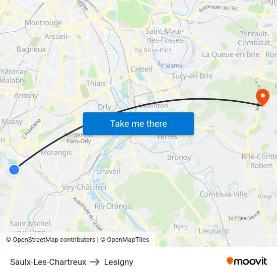 Saulx-Les-Chartreux to Lesigny map