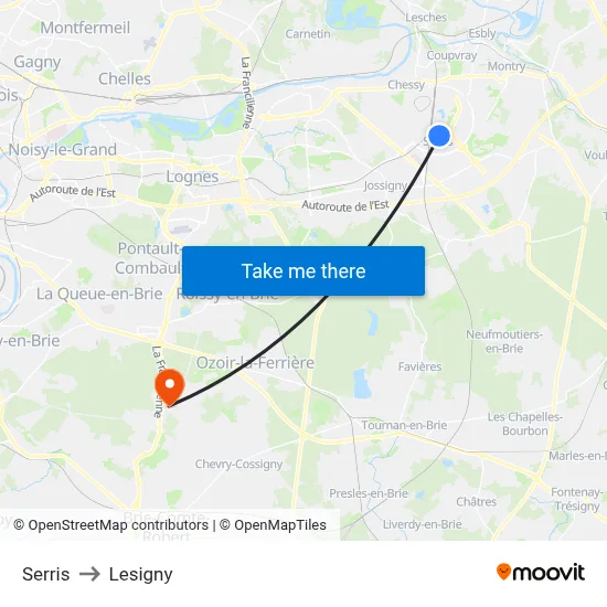 Serris to Lesigny map