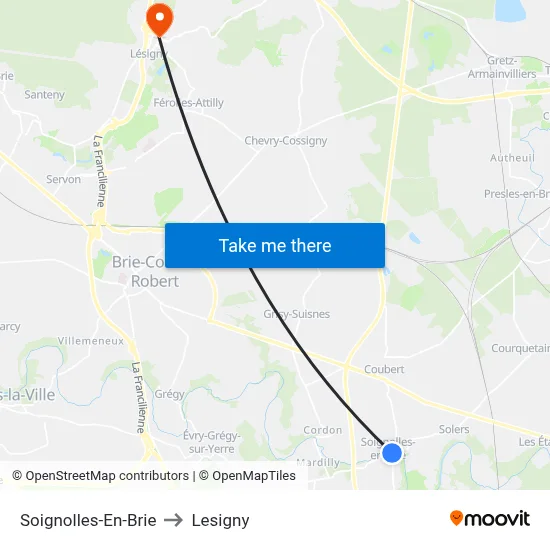 Soignolles-En-Brie to Lesigny map
