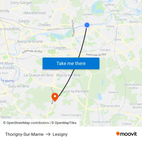 Thorigny-Sur-Marne to Lesigny map