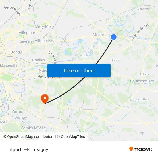 Trilport to Lesigny map