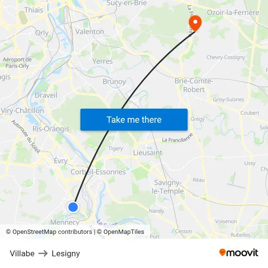 Villabe to Lesigny map