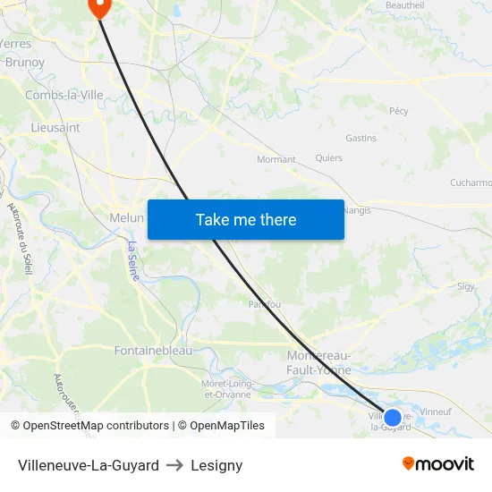 Villeneuve-La-Guyard to Lesigny map
