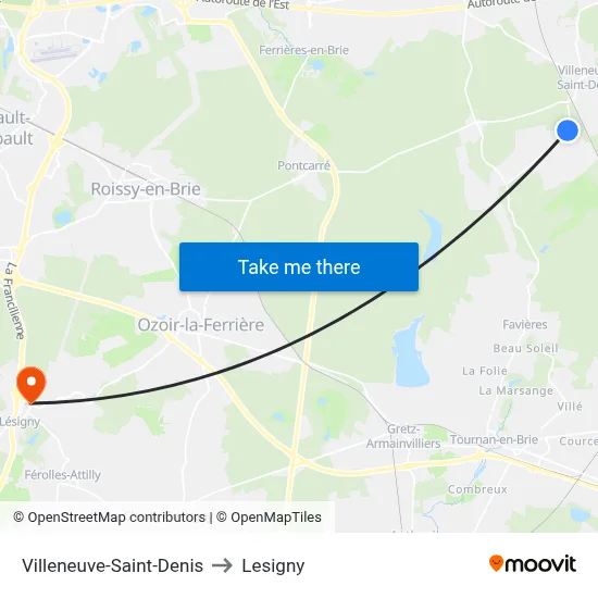 Villeneuve-Saint-Denis to Lesigny map