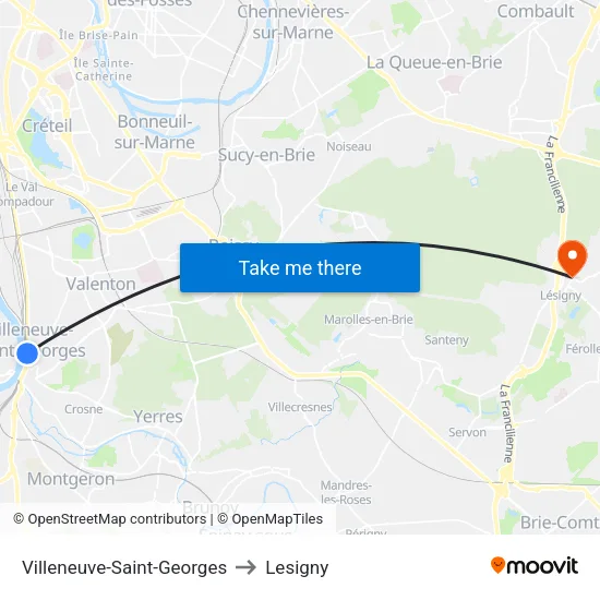 Villeneuve-Saint-Georges to Lesigny map