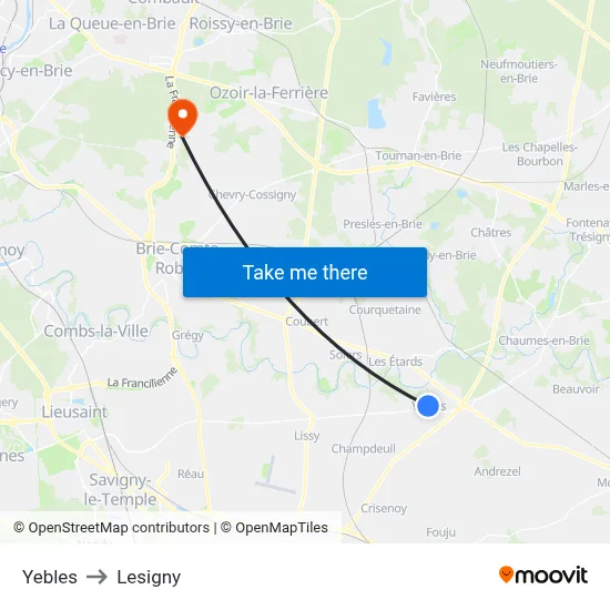 Yebles to Lesigny map