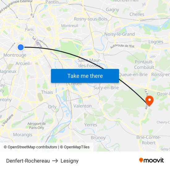 Denfert-Rochereau to Lesigny map