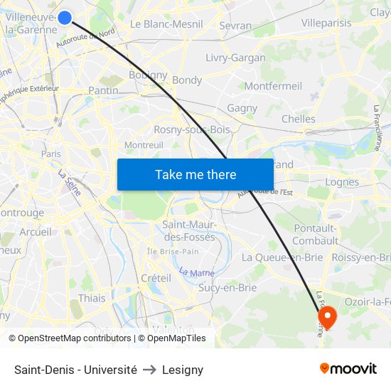 Saint-Denis - Université to Lesigny map