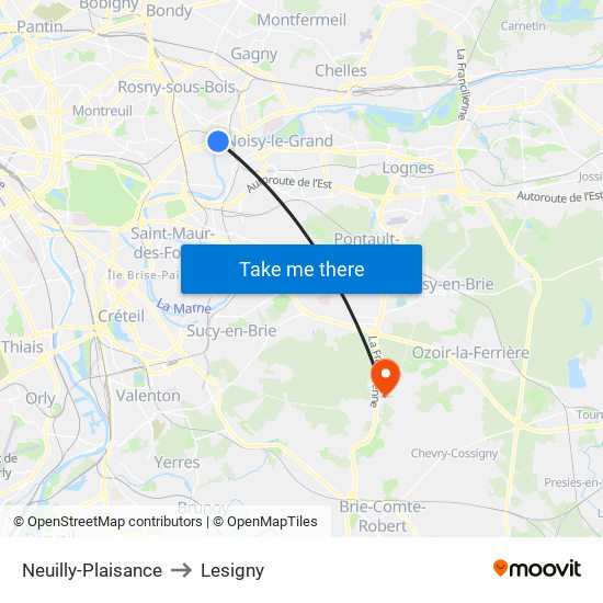 Neuilly-Plaisance to Lesigny map