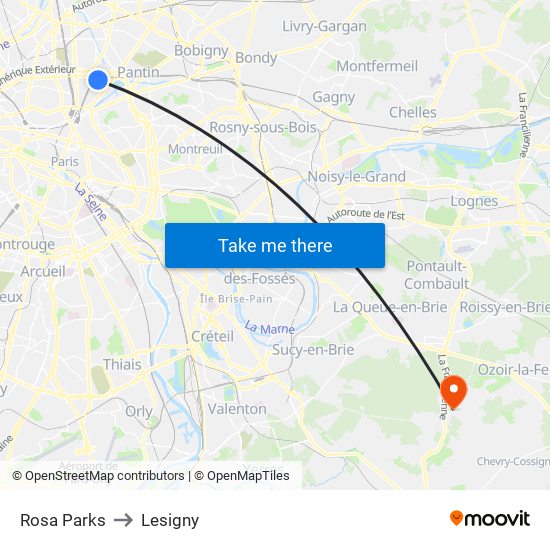 Rosa Parks to Lesigny map