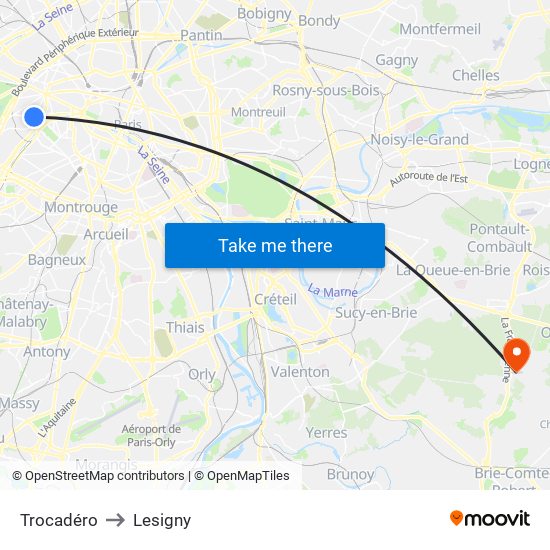 Trocadéro to Lesigny map