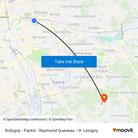 Bobigny - Pantin - Raymond Queneau to Lesigny map