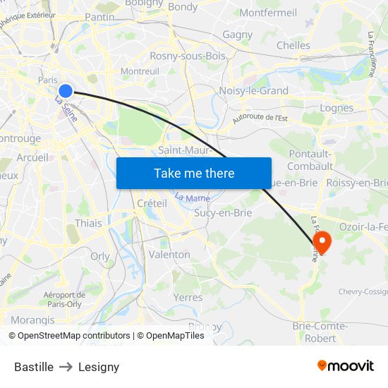 Bastille to Lesigny map