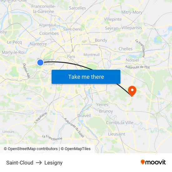 Saint-Cloud to Lesigny map