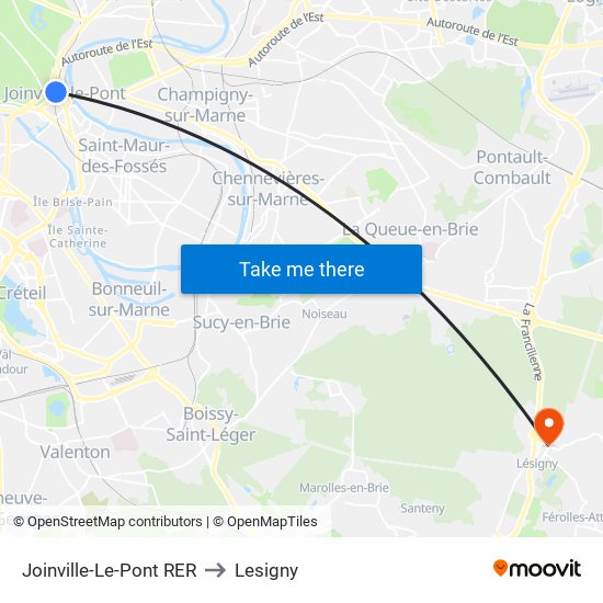 Joinville-Le-Pont RER to Lesigny map