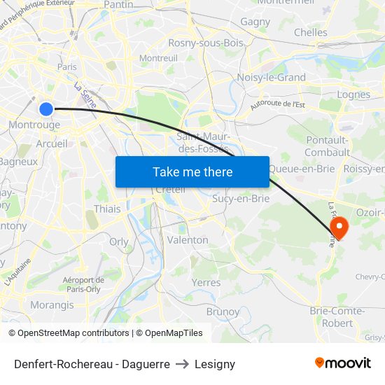 Denfert-Rochereau - Daguerre to Lesigny map