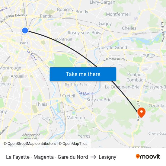 La Fayette - Magenta - Gare du Nord to Lesigny map