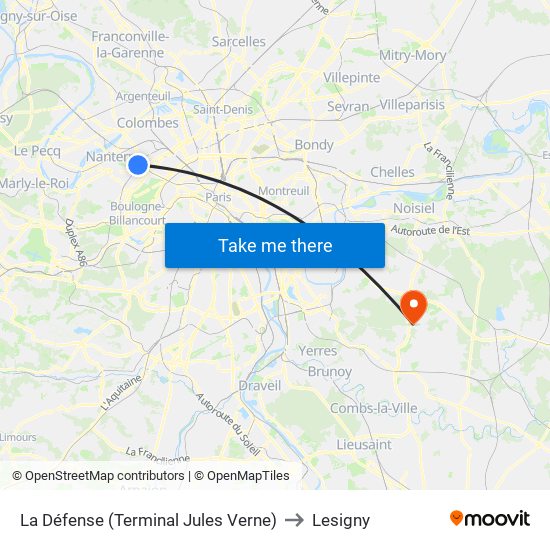 La Défense (Terminal Jules Verne) to Lesigny map